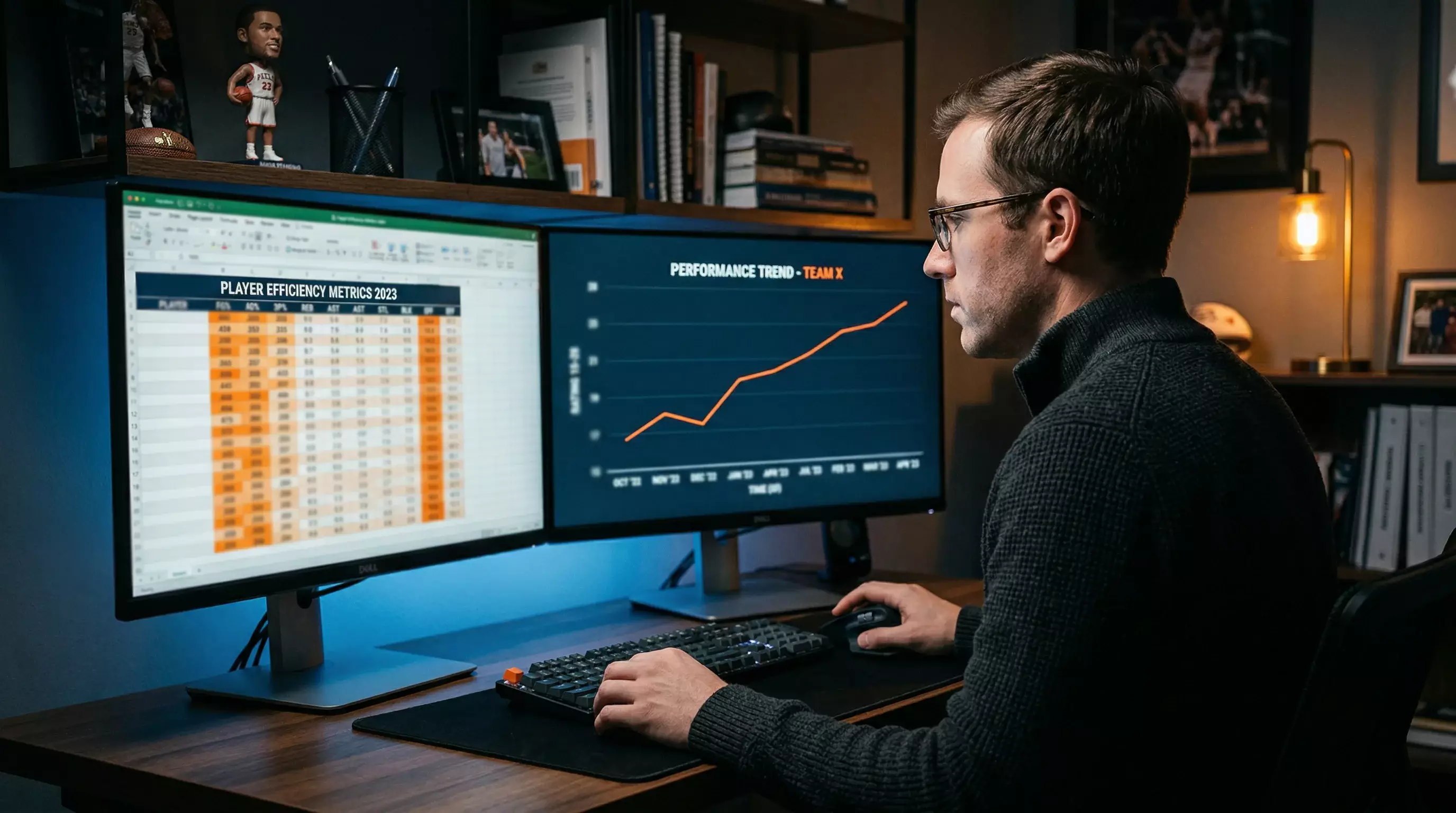 Analista deportivo estudiando cuotas y probabilidades implicitas de las Finales NBA en su monitor