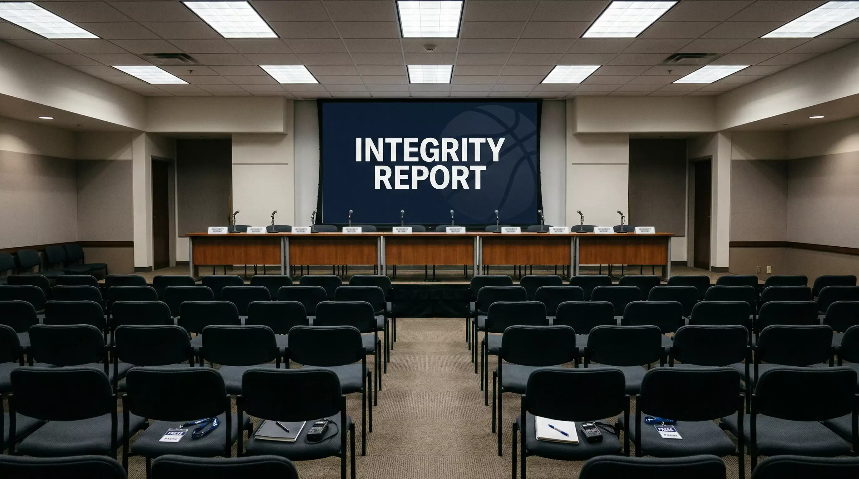 Sala de prensa con periodistas cubriendo el escandalo de apuestas NBA de 2025 con pantallas de noticias